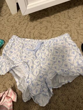 LoveShackFancy White and Light Blue Floral Ruffle Pajama Shorts